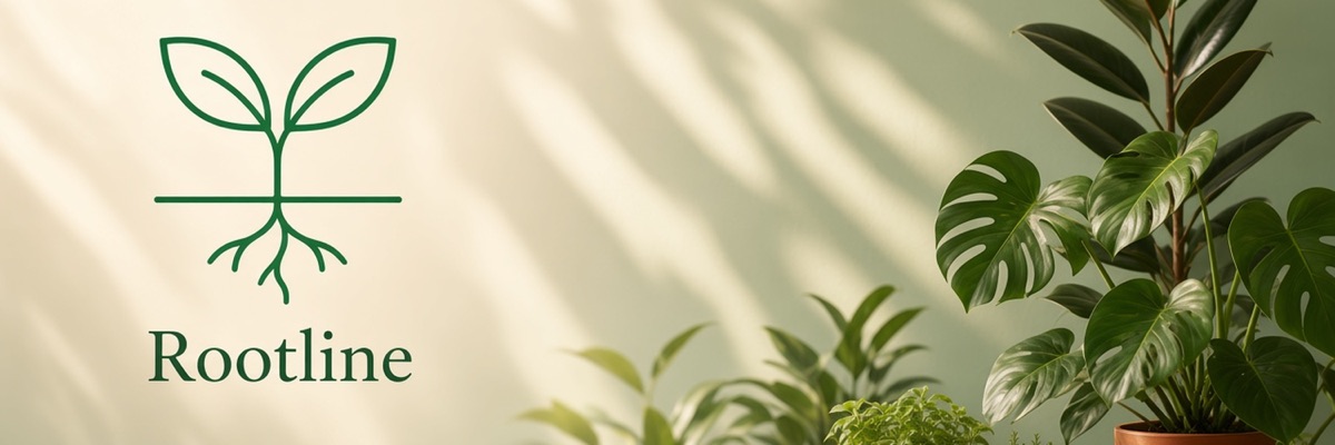 Rootline — household plant care branding with sprout mark and living plants